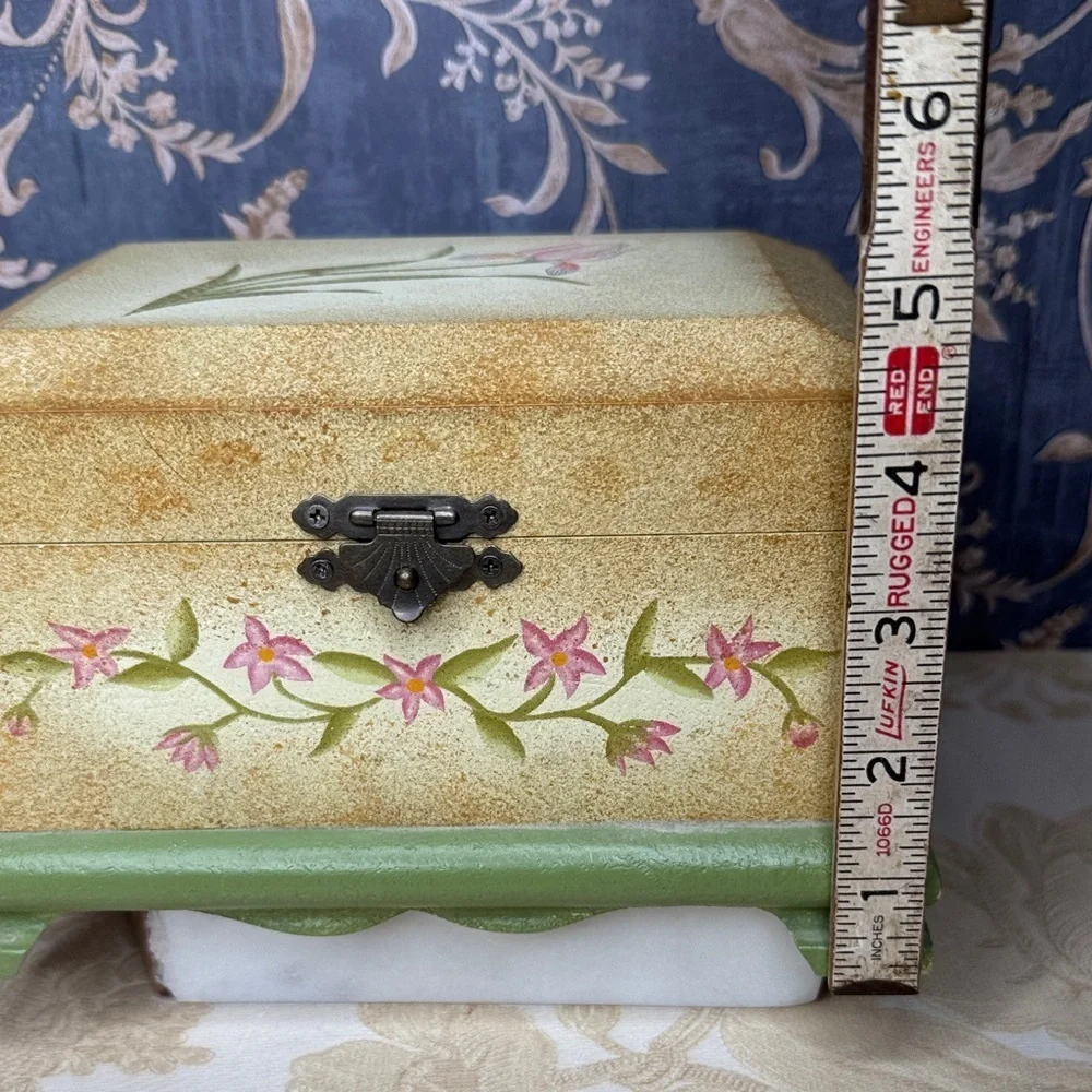 Vintage Painted Wood Jewelry Box Trinket Box Chest with Pale Pink Flowers